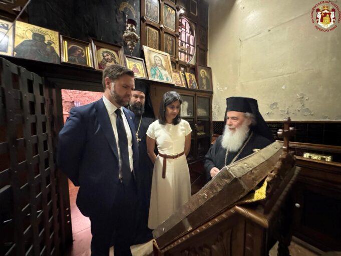 Patriarch Theophilos Welcomes Vice President Vance at the Church of the Holy Sepulchre