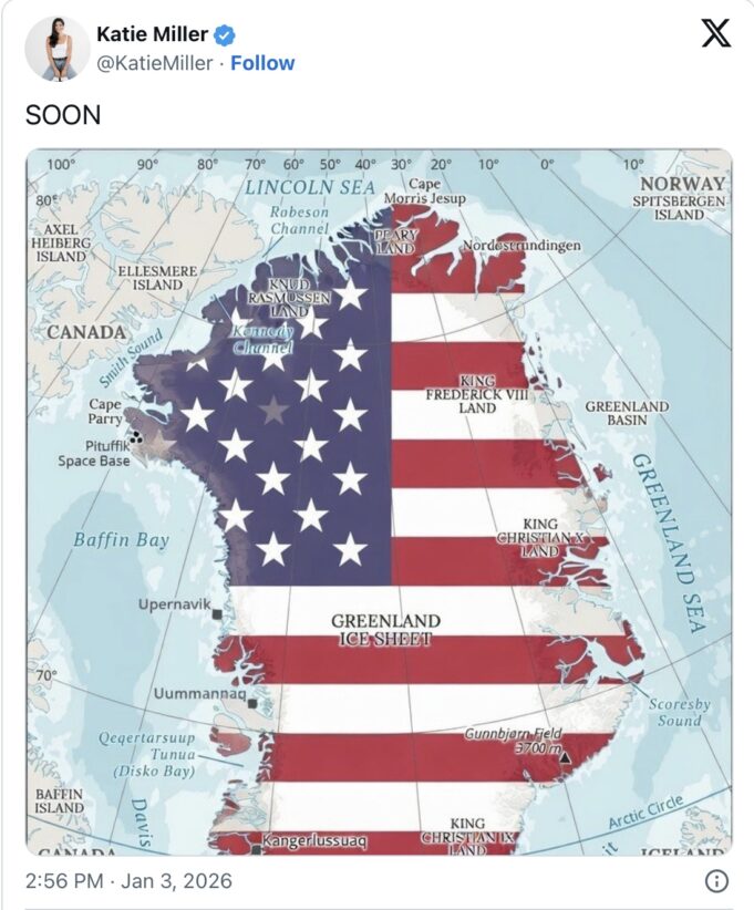 Η Δανία καλεί για «απόλυτο σεβασμό» στην ακεραιότητα της Γροιλανδίας To προκλητικό tweet της συζύγου του αναπληρωτή προσωπάρχη του Λευκού Οίκου Στίβεν Μίλερ για τη Γροιλανδία / Φωτo: X