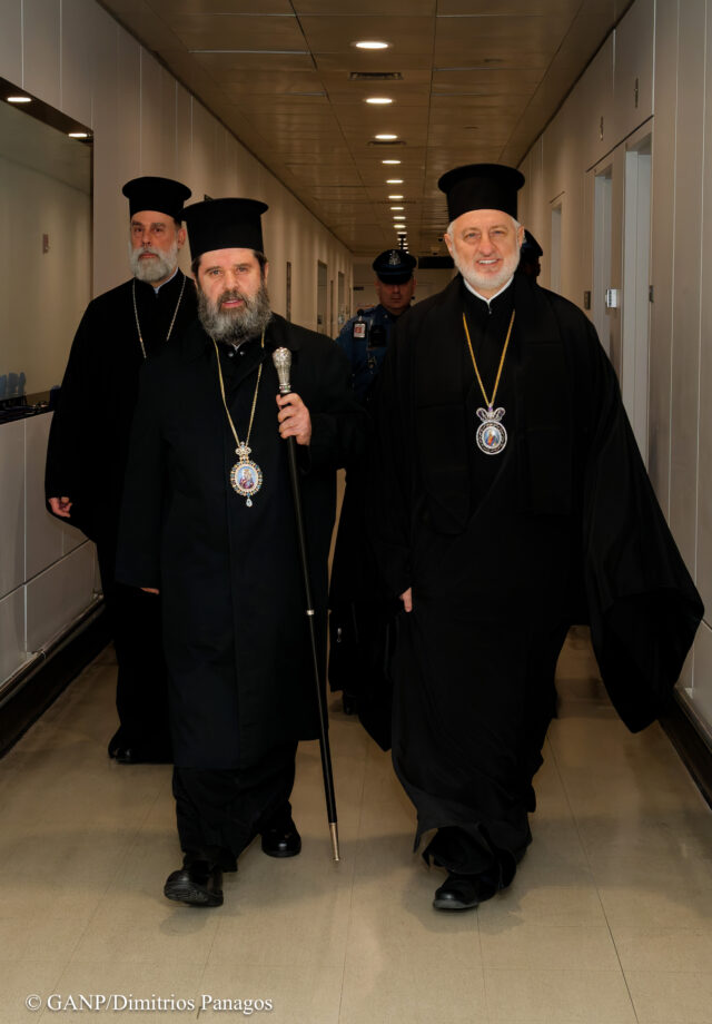 H.E. Archbishop Elpidophoros escorted by His Grace Bishop Athenagoras of Nazianzos and His Grace Bishop Nektarios of Dioklia welcomed His Beatitude Joani Archbishop of Tirana, Durres and All Albania at Logan Airport in Boston, Ma. on February 28th, 2026.