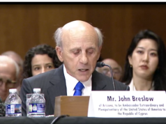 Ακρόαση Τζον Μπρέσλοου στη Γερουσία για τη θέση του Πρέσβη των ΗΠΑ στην Κύπρο