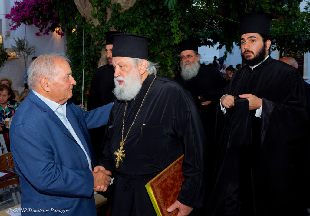 Amorgos, July 19th, 2026 His Beatitude Pope and Patriarch of Alexandria and All Africa THEODOROS II arrived in Amorgos Island to Honor Fr. Thomas Synodinos for his 40 years serving the church. Many Dignitaries were present to Honor Fr. Thomas in the square of Choria Amorgos. Nikos Gavalas and his family were very proud of their own Fr. Thomas. Minister of Culture Lina Mendoni, minister Kikilias, Metropolitans from Siros, Nea Ionia, and Thyra all Congratulated Fr. Synodinos for his accomplishments.